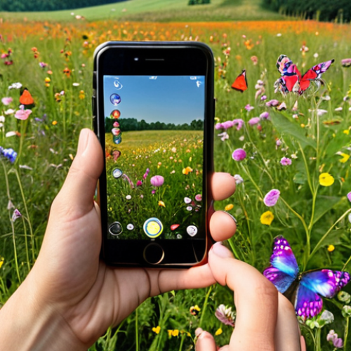 Home 15 **
> A vibrant field of wildflowers in the Polish countryside, dotted with colorful butterflies. In the foreground, a person is taking a photo of a butterfly with their smartphone, showcasing the iNaturalist app interface. Focus on capturing the beauty of nature and the ease of using technology for citizen science. Keywords: Polish nature, wildflowers, butterflies, citizen science, iNaturalist, smartphone photography.
**