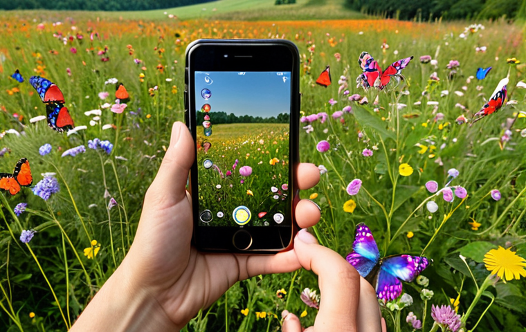 **
> A vibrant field of wildflowers in the Polish countryside, dotted with colorful butterflies. In the foreground, a person is taking a photo of a butterfly with their smartphone, showcasing the iNaturalist app interface. Focus on capturing the beauty of nature and the ease of using technology for citizen science. Keywords: Polish nature, wildflowers, butterflies, citizen science, iNaturalist, smartphone photography.
**