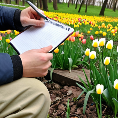 Home 14 **
Prompt: "Close-up shot of blooming spring flowers in a Polish park, with a citizen scientist taking notes. Early bloom, climate change observation, citizen science, phenology, Poland, spring."
**