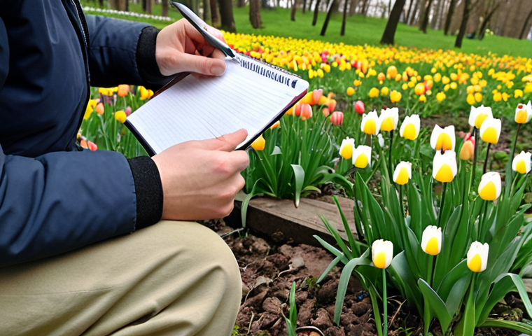 **
Prompt: "Close-up shot of blooming spring flowers in a Polish park, with a citizen scientist taking notes. Early bloom, climate change observation, citizen science, phenology, Poland, spring."
**