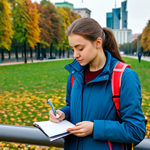 Home 7 Urban Citizen Science**
"A young woman in a fully clothed, practical jacket and jeans, stands in a Warsaw park using a handheld air quality sensor. She is surrounded by greenery and the city skyline is visible in the background. She is taking notes in a small notebook. Focus on capturing the bright, overcast lighting of a typical Polish autumn day. safe for work, appropriate content, fully clothed, professional, perfect anatomy, correct proportions, natural pose, well-formed hands, proper finger count, natural body proportions, high quality photo."
**